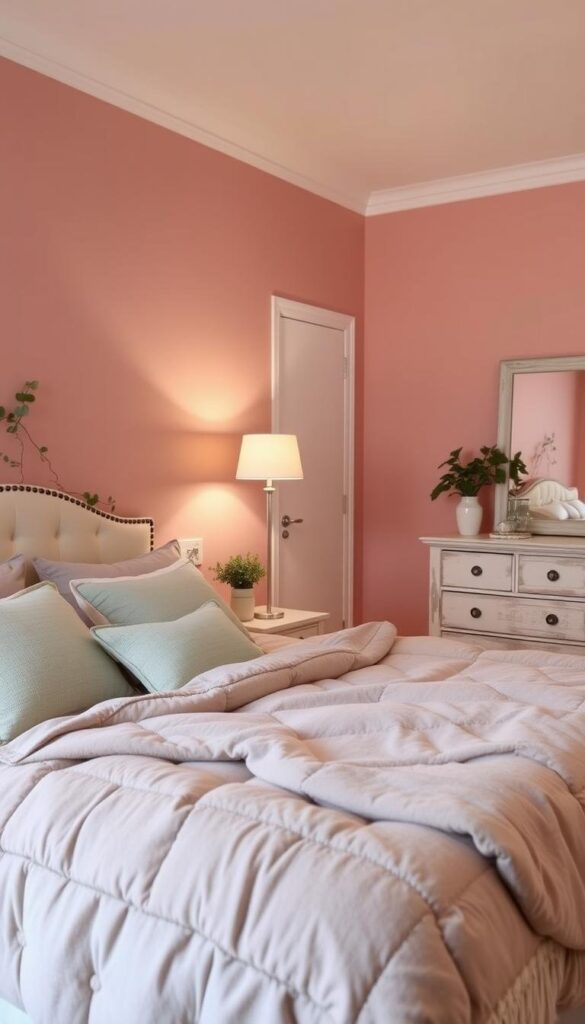 A cozy and tranquil bedroom setting with dusky pink walls, complemented by soft, textured fabrics in muted hues of sage green, lavender, and cream. The room is illuminated by warm, diffused lighting, creating a soothing ambiance. In the foreground, a plush, tufted headboard anchors the scene, while a lush bedspread and matching throw pillows add depth and visual interest. Trailing plants and a single, elegant floor lamp in the middle ground add a touch of natural elegance. The background features a minimalist, white-washed wood dresser and a large, framed mirror, reflecting the calming colors and creating a sense of depth and balance.