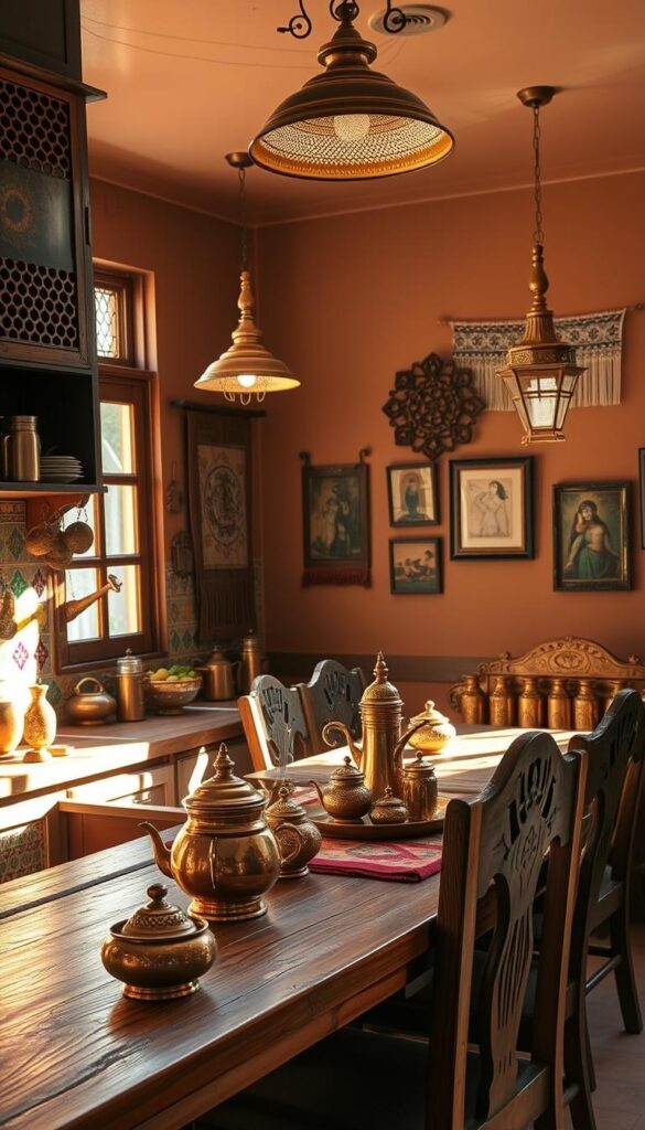 A cozy and vibrant Desi kitchen, bathed in warm, natural light from large windows. In the foreground, a traditional brass or copper jali-patterned backsplash, adorned with colorful hand-painted ceramic tiles. Atop a rustic wooden countertop, an array of gleaming copper utensils, spice jars, and a traditional Desi-style tea set. In the middle ground, ornate brass lamps hang from the ceiling, casting a soft, ambient glow. The walls are painted in earthy tones, with intricate Desi-inspired wall hangings and framed artwork. The kitchen is anchored by a sturdy, wooden dining table, surrounded by mismatched, but charming, carved wooden chairs. The overall mood is one of cozy, lived-in comfort and cultural celebration. A cozy and vibrant Desi kitchen, bathed in warm, natural light from large windows. In the foreground, a traditional brass or copper jali-patterned backsplash, adorned with colorful hand-painted ceramic tiles. Atop a rustic wooden countertop, an array of gleaming copper utensils, spice jars, and a traditional Desi-style tea set. In the middle ground, ornate brass lamps hang from the ceiling, casting a soft, ambient glow. The walls are painted in earthy tones, with intricate Desi-inspired wall hangings and framed artwork. The kitchen is anchored by a sturdy, wooden dining table, surrounded by mismatched, but charming, carved wooden chairs. The overall mood is one of cozy, lived-in comfort and cultural celebration.