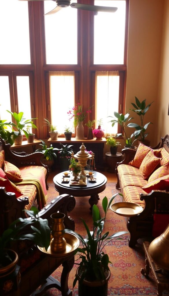 A cozy and vibrant Indian living room, bathed in warm, diffused lighting from large windows. Ornate wooden furniture, intricately carved and finished in rich, earthy tones, anchors the space. Plush, colorful textiles – saris, tapestries, and cushions – add layers of texture and pattern. The room is adorned with brass and copper accents, including a gleaming samovar and decorative platters. Potted plants and fresh flower arrangements bring the outdoors in. The overall aesthetic is a harmonious blend of traditional Indian design elements and modern, minimalist sensibilities, creating a serene yet invigorating atmosphere.