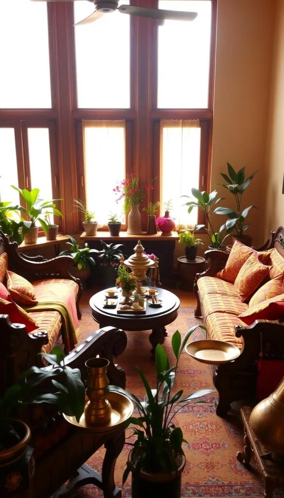 A cozy and vibrant Indian living room, bathed in warm, diffused lighting from large windows. Ornate wooden furniture, intricately carved and finished in rich, earthy tones, anchors the space. Plush, colorful textiles – saris, tapestries, and cushions – add layers of texture and pattern. The room is adorned with brass and copper accents, including a gleaming samovar and decorative platters. Potted plants and fresh flower arrangements bring the outdoors in. The overall aesthetic is a harmonious blend of traditional Indian design elements and modern, minimalist sensibilities, creating a serene yet invigorating atmosphere.
