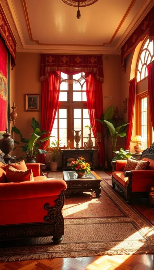 A cozy and vibrant Indian living room, bathed in warm, diffused lighting. In the foreground, intricately carved, richly upholstered furniture - a plush sofa, ornate armchairs, and a carved, low-slung wooden coffee table. On the walls, vibrant tapestries and wall hangings in deep reds, oranges, and golds. Decorative brass or copper urns, sculptures, and vases adorn the room, complemented by lush potted plants. The middle ground features a plush woven rug in a traditional Indian pattern, while the background showcases tall, arched windows allowing natural light to stream in, illuminating the room's rich, layered aesthetic. An atmosphere of comfort, cultural heritage, and welcoming hospitality pervades the space.