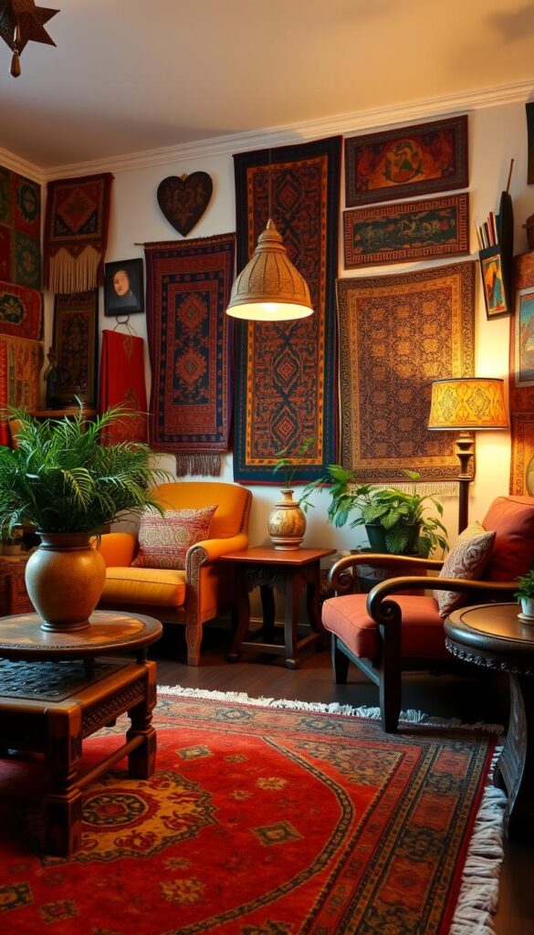 A cozy and vibrant ethnic home interior with traditional decor elements. In the foreground, an ornate handwoven area rug with intricate geometric patterns in warm hues. Surrounding it, a low wooden coffee table adorned with carved details and a large decorative vase filled with lush greenery. In the middle ground, two plush armchairs upholstered in rich, earthy tones, complemented by an intricately carved wooden side table. The walls are adorned with a collection of colorful ethnic textiles, tapestries, and artworks, creating a layered and culturally-inspired ambiance. Soft, diffused lighting from a hanging pendant lamp casts a warm glow across the space, evoking a sense of comfort and cultural celebration. The overall atmosphere is one of harmonious coexistence of diverse design elements that honor the principles of ethnic interior design.