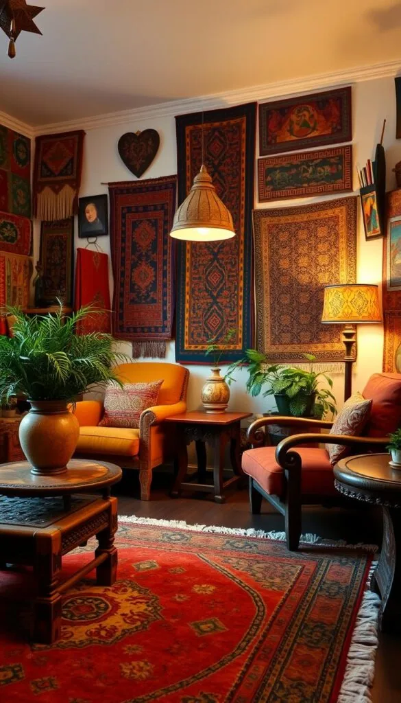 A cozy and vibrant ethnic home interior with traditional decor elements. In the foreground, an ornate handwoven area rug with intricate geometric patterns in warm hues. Surrounding it, a low wooden coffee table adorned with carved details and a large decorative vase filled with lush greenery. In the middle ground, two plush armchairs upholstered in rich, earthy tones, complemented by an intricately carved wooden side table. The walls are adorned with a collection of colorful ethnic textiles, tapestries, and artworks, creating a layered and culturally-inspired ambiance. Soft, diffused lighting from a hanging pendant lamp casts a warm glow across the space, evoking a sense of comfort and cultural celebration. The overall atmosphere is one of harmonious coexistence of diverse design elements that honor the principles of ethnic interior design.