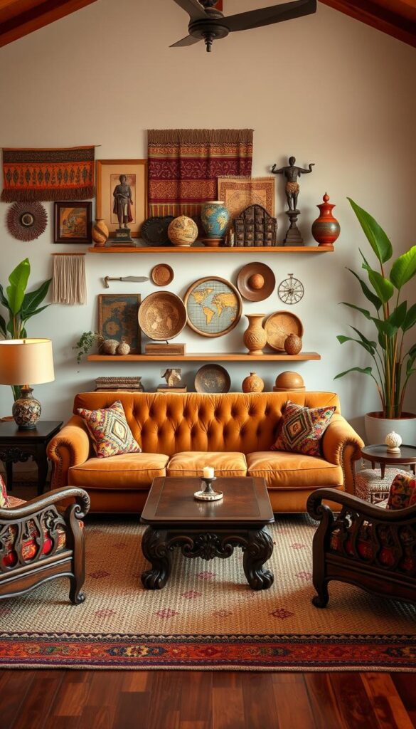A cozy and vibrant ethnic-inspired living room with warm, inviting lighting. In the foreground, a plush, tufted sofa in a rich, earthy tone sits atop a woven area rug with intricate patterns. Flanking the sofa are wooden end tables with carved detailing, each topped with a decorative vase and candle. In the middle ground, a low, carved wooden coffee table is surrounded by accent chairs upholstered in colorful, patterned fabrics. The background features a feature wall with a mix of ethnic-inspired wall hangings, shelves displaying global decor pieces, and a pair of tall, potted plants in the corners. The overall atmosphere is one of cultural richness and budget-friendly sophistication.