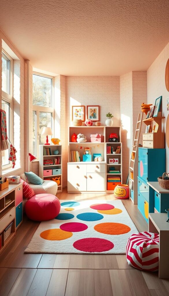 A cozy and vibrant kids' room, bathed in warm, natural light filtering through large windows. Soft, textured walls in a soothing pastel palette, complemented by playful accents of primary colors in the furnishings and decor. A whimsical rug with geometric patterns anchors the space, surrounded by a mix of modern and vintage furniture pieces. Shelves and storage units display a curated collection of toys, books, and personal trinkets, inviting exploration and creativity. The overall atmosphere is one of inspiration and comfort, perfect for sparking the imagination of young minds.