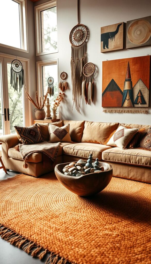 A cozy and vibrant living room featuring a mix of indigenous North American design elements. In the foreground, a plush, earth-toned sofa is adorned with intricate patterned cushions and a woven throw blanket. On the coffee table, a hand-carved wooden bowl holds an assortment of natural stones and shells. The middle ground showcases a large, woven area rug in warm hues and geometric designs. Hanging on the walls, a series of dreamcatcher-inspired wall hangings and abstract paintings in earthy tones. Framing the scene, large windows allow natural light to filter in, casting a soft, natural glow throughout the space. The overall atmosphere is one of cultural richness, comfort, and a deep connection to the natural world.