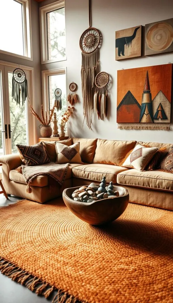 A cozy and vibrant living room featuring a mix of indigenous North American design elements. In the foreground, a plush, earth-toned sofa is adorned with intricate patterned cushions and a woven throw blanket. On the coffee table, a hand-carved wooden bowl holds an assortment of natural stones and shells. The middle ground showcases a large, woven area rug in warm hues and geometric designs. Hanging on the walls, a series of dreamcatcher-inspired wall hangings and abstract paintings in earthy tones. Framing the scene, large windows allow natural light to filter in, casting a soft, natural glow throughout the space. The overall atmosphere is one of cultural richness, comfort, and a deep connection to the natural world.