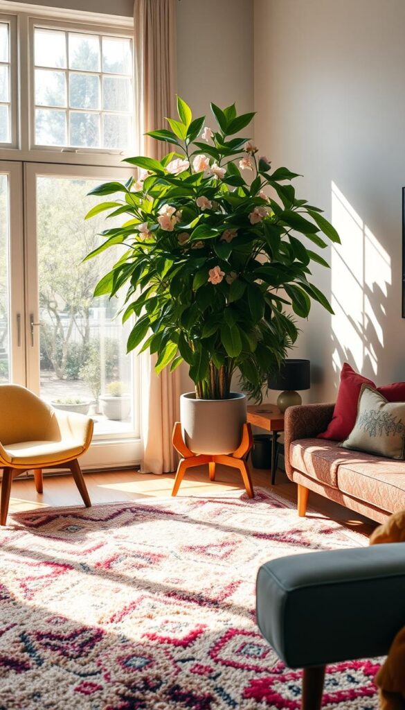 A cozy and vibrant living room with a large, lush houseplant as the focal point. The plant is placed on a wooden side table, its verdant leaves and blooming flowers creating a natural centerpiece. Sunlight filters in through large windows, casting a warm glow and casting interesting shadows across the room. In the foreground, a plush, colorful rug anchors the space, complemented by a mid-century modern sofa in a bold, patterned fabric. Accent chairs in complimentary hues, and decorative throw pillows add pops of color. The overall scene conveys a sense of harmony, balance, and a celebration of nature within the home. A cozy and vibrant living room with a large, lush houseplant as the focal point. The plant is placed on a wooden side table, its verdant leaves and blooming flowers creating a natural centerpiece. Sunlight filters in through large windows, casting a warm glow and casting interesting shadows across the room. In the foreground, a plush, colorful rug anchors the space, complemented by a mid-century modern sofa in a bold, patterned fabric. Accent chairs in complimentary hues, and decorative throw pillows add pops of color. The overall scene conveys a sense of harmony, balance, and a celebration of nature within the home.