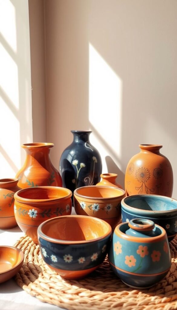 A cozy and vibrant still life scene of handmade Desi-inspired pottery. In the foreground, a selection of earthy, hand-painted ceramic vases and bowls in warm, earthy tones of terracotta, ochre, and deep blue. Delicate floral motifs and abstract patterns adorn their surfaces, reflecting traditional Indian design elements. The middle ground features a woven jute or rattan placemat, adding natural texture. Sunlight streams in from the side, casting soft, diffused lighting that enhances the pottery's rustic charm. In the background, a neutral-toned wall provides a simple, minimalist backdrop, allowing the handcrafted pieces to take center stage. An atmosphere of simplicity, authenticity, and DIY creativity pervades the scene. A cozy and vibrant still life scene of handmade Desi-inspired pottery. In the foreground, a selection of earthy, hand-painted ceramic vases and bowls in warm, earthy tones of terracotta, ochre, and deep blue. Delicate floral motifs and abstract patterns adorn their surfaces, reflecting traditional Indian design elements. The middle ground features a woven jute or rattan placemat, adding natural texture. Sunlight streams in from the side, casting soft, diffused lighting that enhances the pottery's rustic charm. In the background, a neutral-toned wall provides a simple, minimalist backdrop, allowing the handcrafted pieces to take center stage. An atmosphere of simplicity, authenticity, and DIY creativity pervades the scene.