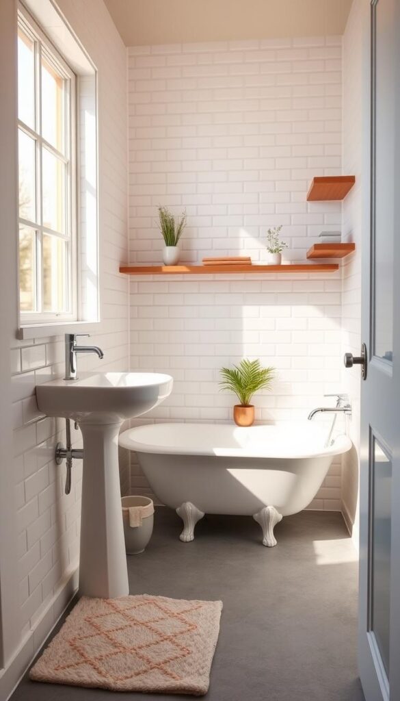 A cozy and well-designed small bathroom with a modern, minimalist aesthetic. The space is bathed in warm, natural lighting filtering through a large window, casting a gentle glow on the clean, white subway tile walls and a freestanding pedestal sink. A sleek, chrome faucet and simple, floating wood shelves add subtle accents. The floor is covered in chic, grey hexagonal tiles that draw the eye towards a clawfoot tub tucked into the corner. Subtle plants and a plush bath mat complete the serene, spa-like atmosphere.