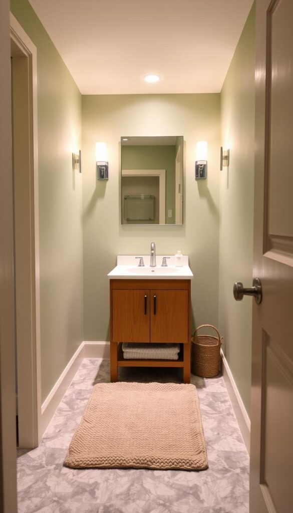 A cozy and well-designed small bathroom with a tasteful color scheme. The walls are painted in a soft, soothing shade of sage green, creating a calming and serene atmosphere. The floor tiles are a mix of gray and white, adding visual interest and a modern touch. The vanity is a warm, wooden tone that complements the green walls, and the mirror above it has a sleek, minimalist frame. Soft lighting from wall sconces casts a gentle glow, highlighting the clean and streamlined aesthetic. A plush, textured bath mat in a complementary hue ties the whole look together, creating a spa-like ambiance in this efficiently designed small space.