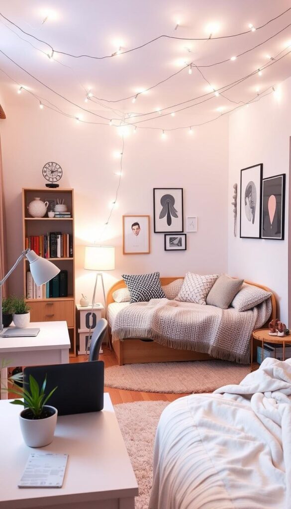 A cozy and well-lit modern girl's bedroom with soft pastel hues and playful decor. In the foreground, a comfortable study desk with a sleek lamp, a potted plant, and a laptop. On the middle ground, a plush daybed with patterned throw pillows and a cozy knitted blanket. The background features a bookshelf with artful trinkets, framed wall art, and string lights cascading across the ceiling, creating a warm and inviting atmosphere. The overall scene exudes a sense of productivity, relaxation, and personal style.