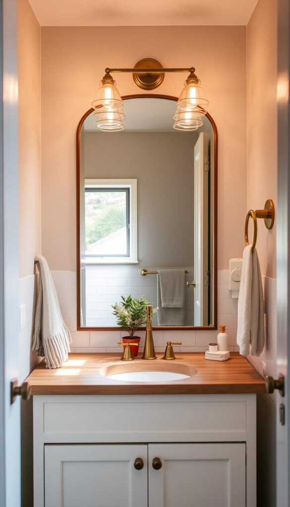 A cozy and well-lit small bathroom with a focal point vanity featuring a large, elegant mirror surrounded by eye-catching brass lighting fixtures. The mirror reflects the room's minimalist yet warm decor, including a natural wood vanity top, white subway tiles, and subtle pops of greenery in the form of a small potted plant. Soft, ambient lighting from the brass fixtures creates a relaxing, spa-like atmosphere, while natural light streams in from a window, illuminating the space. The overall composition emphasizes the interplay of mirrors, lighting, and carefully selected decor elements to make the most of a compact bathroom layout.