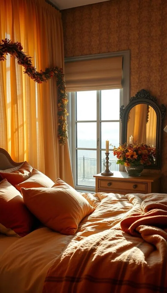 A cozy autumn bedroom, bathed in warm golden light filtering through sheer curtains. In the foreground, a plush, inviting bed adorned with a soft, plaid blanket and piled high with pumpkin-hued accent pillows. On the adjacent wall, a large, ornate mirror reflects the scene, its frame draped in dried flower garlands. In the middle ground, a wooden nightstand holds a flickering candle and a vase of vibrant fall foliage. The background features textured, earth-toned wallpaper and a window overlooking a serene, misty landscape. The overall atmosphere is one of tranquility, comfort, and the embrace of the changing seasons.