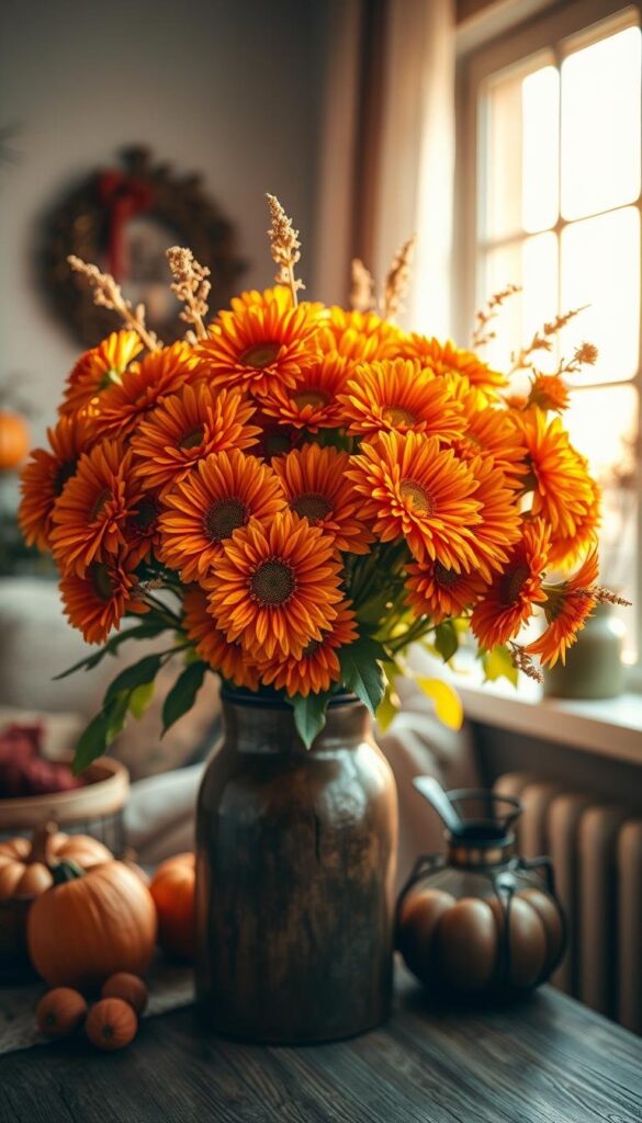 A cozy, autumn-inspired scene featuring a vibrant bouquet of scented fall flowers in a rustic, wooden vase. The arrangement includes a mix of warm-toned chrysanthemums, dahlias, and marigolds, their petals softly illuminated by natural, golden-hour lighting streaming through a nearby window. The background is a blurred, cozy interior, with hints of plush textiles and seasonal accents, creating an inviting, atmospheric ambiance. Capture the tranquil, comforting mood of this autumnal floral display. A cozy, autumn-inspired scene featuring a vibrant bouquet of scented fall flowers in a rustic, wooden vase. The arrangement includes a mix of warm-toned chrysanthemums, dahlias, and marigolds, their petals softly illuminated by natural, golden-hour lighting streaming through a nearby window. The background is a blurred, cozy interior, with hints of plush textiles and seasonal accents, creating an inviting, atmospheric ambiance. Capture the tranquil, comforting mood of this autumnal floral display.