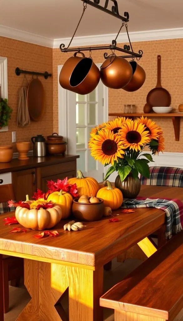 A cozy autumn kitchen, bathed in warm amber light. Vibrant leaves and ornamental gourds adorn a rustic wooden table, complemented by earthy ceramic bowls and a vase of vibrant sunflowers. Burnished copper pots hang from a rack, while a plaid blanket drapes over a wooden bench. The walls feature a subtle wallpaper pattern in muted shades of ochre and terracotta. The overall scene exudes a sense of inviting, seasonal comfort, perfect for embracing the flavors and spirit of fall.