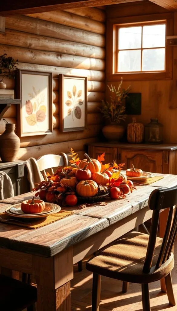 A cozy autumn kitchen, warm and inviting, with a rustic wooden table set for a fall feast. On the table, a centerpiece of vibrant orange pumpkins, red apples, and golden leaves, illuminated by soft, natural lighting filtering through a large window. Adorning the walls, a pair of framed, abstract fall-themed prints in earthy tones, complementing the seasonal decor. The overall atmosphere evokes a sense of harvest, comfort, and the joyful embrace of the changing seasons.
