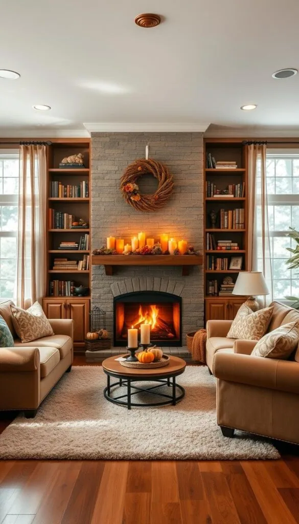 A cozy autumn living room with a plush, earth-toned sofa and armchair arrangement. A large, inviting fireplace takes center stage, casting a warm, flickering glow across the space. On the mantel, several scented candles in amber, orange, and cinnamon hues flicker softly, their gentle flames illuminating decorative gourds, pinecones, and a woven wreath. Bookshelves line the walls, filled with autumnal-themed tomes. Soft overhead lighting dapples the room, creating a serene, intimate atmosphere. The hardwood floors are covered in a plush, neutral area rug, and the windows allow in dappled natural light, framed by sheer curtains. This is a tranquil, cozy sanctuary, perfect for savoring the scents and sights of the fall season.