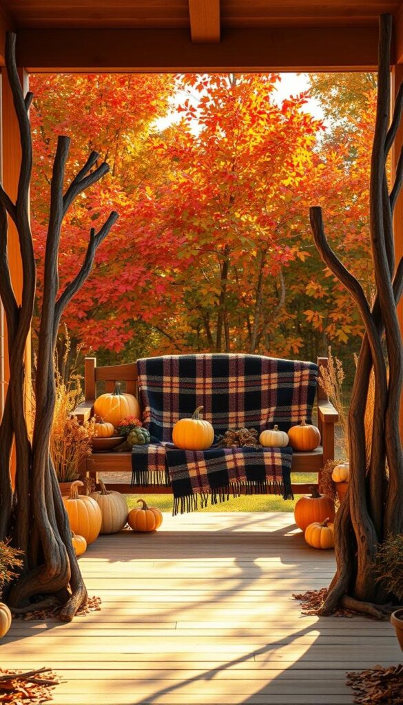 A cozy autumn porch adorned with rustic and natural elements, bathed in warm, golden light. In the foreground, a wooden bench is decorated with a plush plaid blanket, surrounded by an arrangement of pumpkins, gourds, and dried flowers. Flanking the entrance, two tall, twisted branches stand like sentinels, their bark textured and weathered. In the background, a backdrop of lush, autumnal foliage, the leaves ablaze with hues of red, orange, and yellow, creates a vibrant, earthy atmosphere. The scene exudes a sense of comfort, welcoming visitors to this charming, rural retreat. A cozy autumn porch adorned with rustic and natural elements, bathed in warm, golden light. In the foreground, a wooden bench is decorated with a plush plaid blanket, surrounded by an arrangement of pumpkins, gourds, and dried flowers. Flanking the entrance, two tall, twisted branches stand like sentinels, their bark textured and weathered. In the background, a backdrop of lush, autumnal foliage, the leaves ablaze with hues of red, orange, and yellow, creates a vibrant, earthy atmosphere. The scene exudes a sense of comfort, welcoming visitors to this charming, rural retreat.