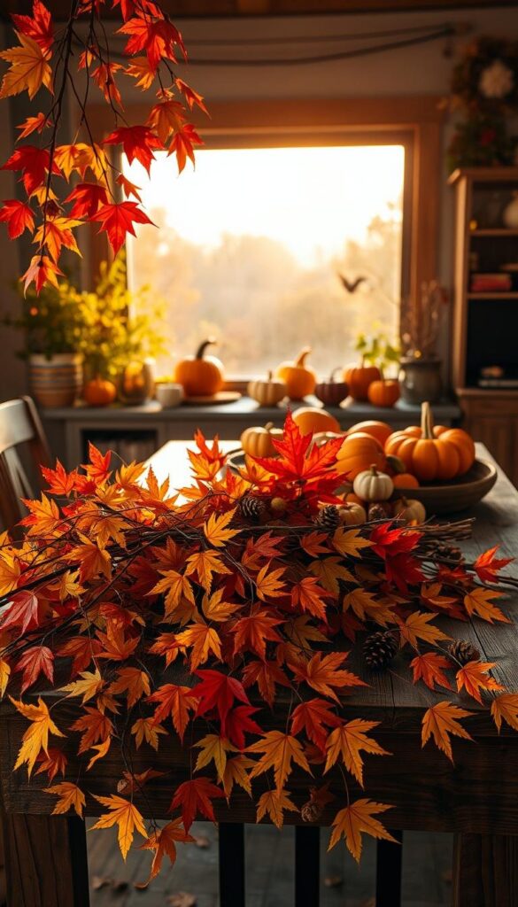 A cozy autumn scene featuring a rustic wooden table adorned with a vibrant array of fall foliage. In the foreground, an arrangement of vibrant maple leaves, oak branches, and trailing vines spills across the tabletop, casting warm shadows. The middle ground showcases a collection of artfully displayed gourds, pinecones, and acorns, while the background features a soft, hazy landscape of changing trees, illuminated by the golden glow of late afternoon sunlight filtering through the window. The overall atmosphere is one of inviting coziness and the natural beauty of the fall season.