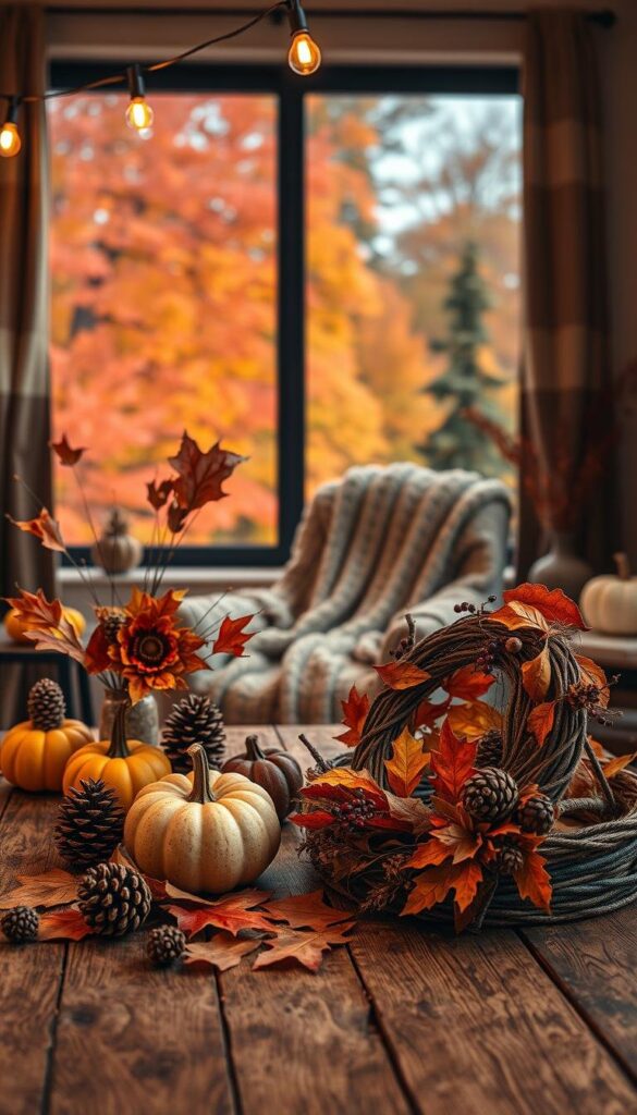 A cozy autumn scene filled with homemade fall decorations. In the foreground, a rustic wooden table is adorned with a variety of handcrafted items - gourds, pinecones, and a wreath woven from dried leaves and berries. Overhead, string lights cast a warm, ambient glow, illuminating the space. In the middle ground, a plush knit blanket is draped over a comfortable armchair, inviting one to curl up and admire the DIY décor. The background features a large window framing an autumnal landscape, with trees in vibrant shades of orange, red, and yellow. The overall mood is one of coziness, creativity, and the joy of handmade seasonal accents. A cozy autumn scene filled with homemade fall decorations. In the foreground, a rustic wooden table is adorned with a variety of handcrafted items - gourds, pinecones, and a wreath woven from dried leaves and berries. Overhead, string lights cast a warm, ambient glow, illuminating the space. In the middle ground, a plush knit blanket is draped over a comfortable armchair, inviting one to curl up and admire the DIY décor. The background features a large window framing an autumnal landscape, with trees in vibrant shades of orange, red, and yellow. The overall mood is one of coziness, creativity, and the joy of handmade seasonal accents.