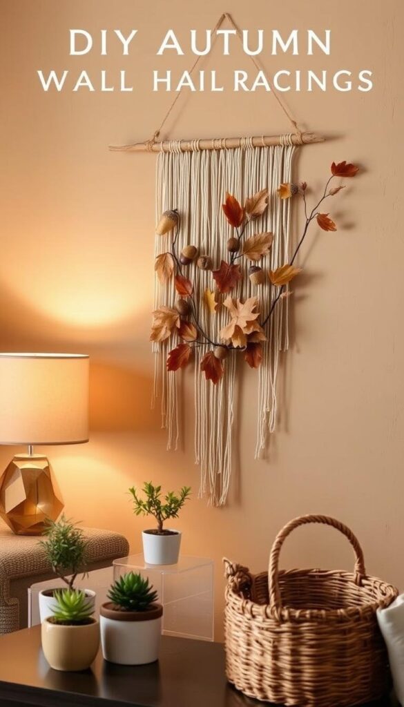 A cozy autumn scene, showcasing a DIY wall hanging with dried leaves, acorns, and twigs arranged in a rustic, organic design. The backdrop is a warm, earthy-toned living room, with soft lighting from a table lamp casting a gentle glow. The composition is balanced, with the wall art taking center stage, complemented by small potted plants and a woven basket on a side table. The overall mood is inviting and homely, perfect for adding a touch of autumnal charm to a personalized living space. A cozy autumn scene, showcasing a DIY wall hanging with dried leaves, acorns, and twigs arranged in a rustic, organic design. The backdrop is a warm, earthy-toned living room, with soft lighting from a table lamp casting a gentle glow. The composition is balanced, with the wall art taking center stage, complemented by small potted plants and a woven basket on a side table. The overall mood is inviting and homely, perfect for adding a touch of autumnal charm to a personalized living space.