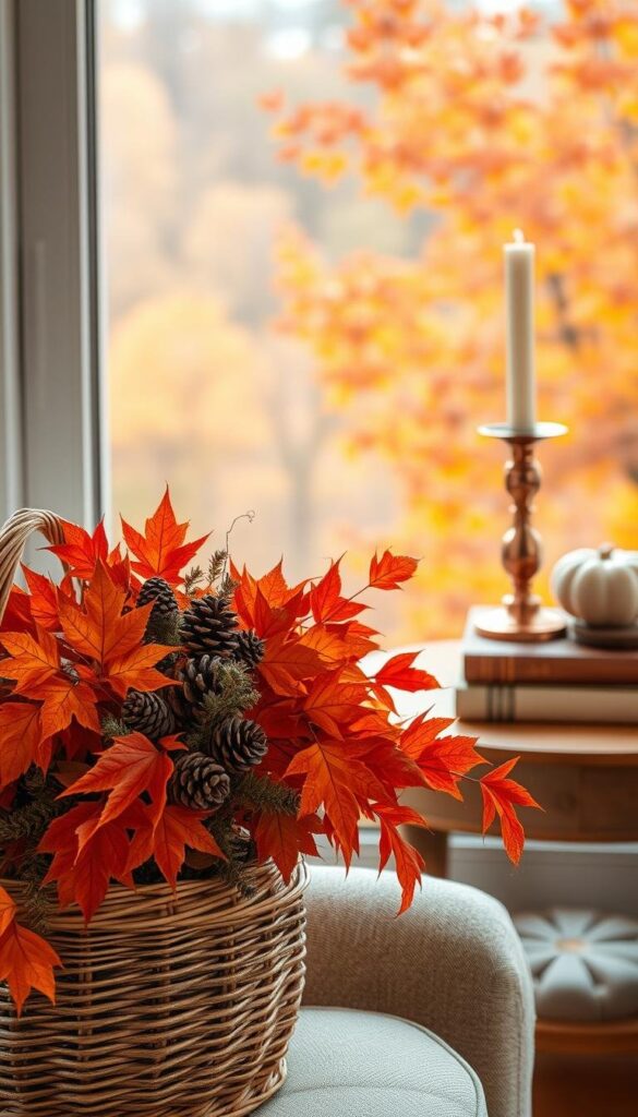 A cozy autumn scene with a warm, inviting atmosphere. In the foreground, an elegant arrangement of rustic fall decor - a woven basket overflowing with vibrant orange and red leaves, pinecones, and a few sprigs of greenery. In the middle ground, a wooden end table or side table, its surface adorned with a copper candlestick, a stack of vintage-inspired books, and a small ceramic pumpkin. The background features a softly blurred, muted autumn landscape, with hues of golden yellow, burnt orange, and deep crimson leaves. Natural light filters in, casting a gentle, ambient glow and creating a sense of coziness and comfort. The overall composition evokes a feeling of seasonal charm and a desire to curl up and savor the tranquility of the autumn season. A cozy autumn scene with a warm, inviting atmosphere. In the foreground, an elegant arrangement of rustic fall decor - a woven basket overflowing with vibrant orange and red leaves, pinecones, and a few sprigs of greenery. In the middle ground, a wooden end table or side table, its surface adorned with a copper candlestick, a stack of vintage-inspired books, and a small ceramic pumpkin. The background features a softly blurred, muted autumn landscape, with hues of golden yellow, burnt orange, and deep crimson leaves. Natural light filters in, casting a gentle, ambient glow and creating a sense of coziness and comfort. The overall composition evokes a feeling of seasonal charm and a desire to curl up and savor the tranquility of the autumn season.