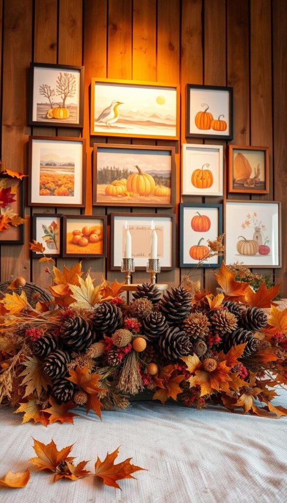 A cozy autumn setting with a rustic wooden wall adorned with a vibrant arrangement of fall-themed wall art. In the foreground, a cluster of maple leaves, pinecones, and dried flowers creates a natural, textured display. Behind, an array of framed paintings and illustrations showcase autumnal landscapes, pumpkins, and seasonal motifs. Warm, soft lighting casts a golden glow, evoking a inviting, seasonal ambiance. The composition balances natural elements with modern, minimalist decor, striking a harmonious tone for a welcoming, autumnal refresh.