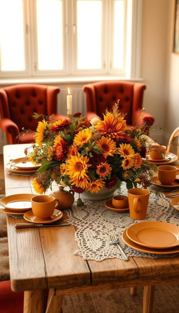 A cozy autumn table setting, captured in soft, warm light. In the foreground, a rustic wooden table is adorned with a delicate lace tablecloth, its natural texture complementing the earthy hues of the season. Centered on the table, a bountiful arrangement of autumnal florals - vibrant dahlias, golden sunflowers, and cascading vines - creates a stunning focal point. Alongside, an assortment of vintage-inspired dishes, cups, and cutlery in shades of ochre and terracotta evoke a sense of nostalgia. The middle ground features plush velvet chairs in rich, jewel-toned hues, while the background is framed by a large window, allowing natural light to flood the scene and cast a gentle, golden glow over the entire setting. A cozy autumn table setting, captured in soft, warm light. In the foreground, a rustic wooden table is adorned with a delicate lace tablecloth, its natural texture complementing the earthy hues of the season. Centered on the table, a bountiful arrangement of autumnal florals - vibrant dahlias, golden sunflowers, and cascading vines - creates a stunning focal point. Alongside, an assortment of vintage-inspired dishes, cups, and cutlery in shades of ochre and terracotta evoke a sense of nostalgia. The middle ground features plush velvet chairs in rich, jewel-toned hues, while the background is framed by a large window, allowing natural light to flood the scene and cast a gentle, golden glow over the entire setting.