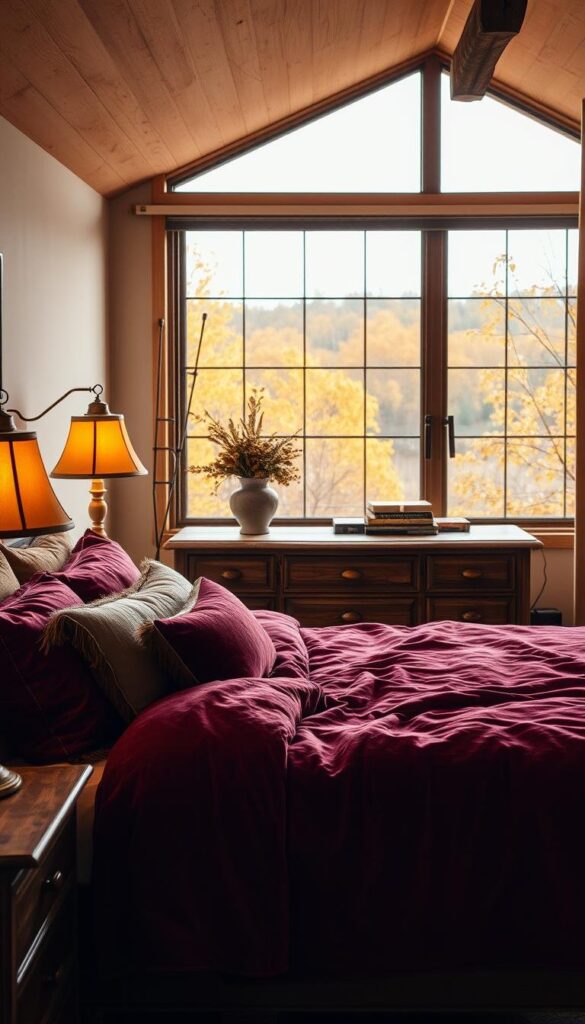 A cozy, autumnal bedroom with warm lighting and textured fabrics. In the foreground, a plush king-size bed is adorned with a velvety burgundy duvet and an array of pillows in earthy tones. On the wooden nightstands, antique brass lamps emit a soft, golden glow. The middle ground features a rustic dresser, its surface decorated with a vase of dried flowers and a stack of vintage books. In the background, a large window overlooks a picturesque fall landscape, where golden leaves drift lazily in the breeze. The atmosphere is one of serenity and comfort, inviting the viewer to sink into the embrace of this dreamy, autumnal retreat. A cozy, autumnal bedroom with warm lighting and textured fabrics. In the foreground, a plush king-size bed is adorned with a velvety burgundy duvet and an array of pillows in earthy tones. On the wooden nightstands, antique brass lamps emit a soft, golden glow. The middle ground features a rustic dresser, its surface decorated with a vase of dried flowers and a stack of vintage books. In the background, a large window overlooks a picturesque fall landscape, where golden leaves drift lazily in the breeze. The atmosphere is one of serenity and comfort, inviting the viewer to sink into the embrace of this dreamy, autumnal retreat.