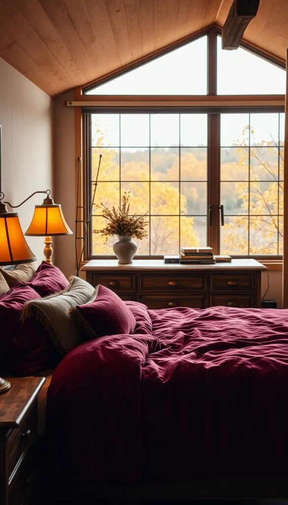A cozy, autumnal bedroom with warm lighting and textured fabrics. In the foreground, a plush king-size bed is adorned with a velvety burgundy duvet and an array of pillows in earthy tones. On the wooden nightstands, antique brass lamps emit a soft, golden glow. The middle ground features a rustic dresser, its surface decorated with a vase of dried flowers and a stack of vintage books. In the background, a large window overlooks a picturesque fall landscape, where golden leaves drift lazily in the breeze. The atmosphere is one of serenity and comfort, inviting the viewer to sink into the embrace of this dreamy, autumnal retreat.