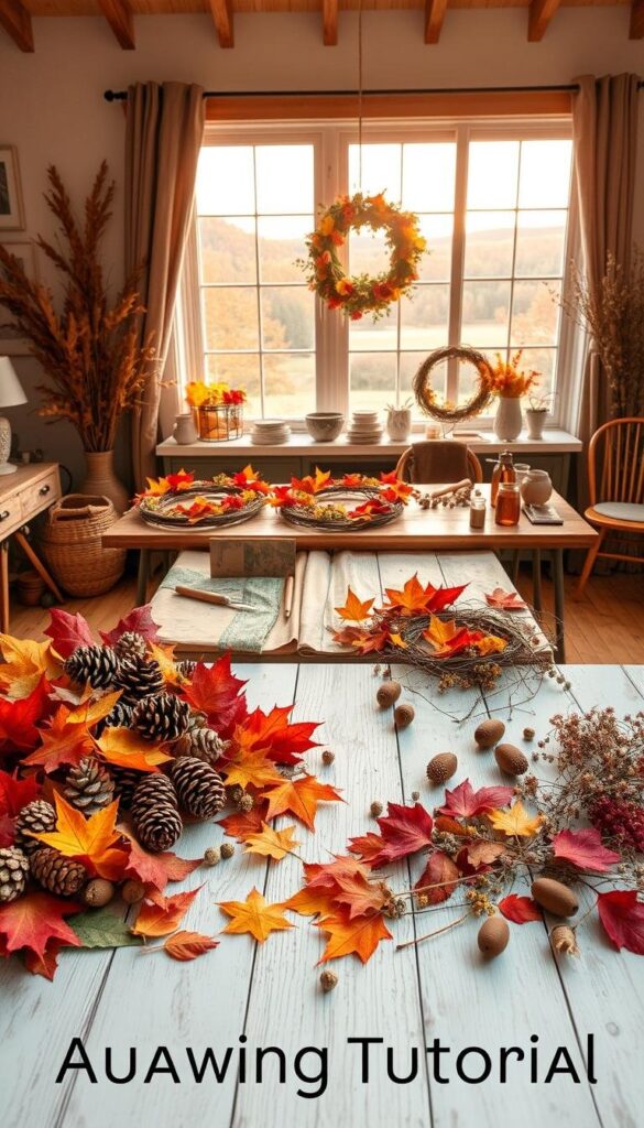 A cozy autumnal wreath-making tutorial set in a warm, well-lit home studio. In the foreground, an array of natural materials - vibrant autumn leaves, pinecones, acorns, and dried florals. In the middle ground, an artful, rustic wooden table with various crafting tools and half-finished wreaths. The background features a large window overlooking a scenic fall landscape, casting a soft, golden glow across the scene. The overall mood is one of creativity, coziness, and seasonal inspiration, inviting the viewer to imagine themselves crafting their own beautiful fall wreath. A cozy autumnal wreath-making tutorial set in a warm, well-lit home studio. In the foreground, an array of natural materials - vibrant autumn leaves, pinecones, acorns, and dried florals. In the middle ground, an artful, rustic wooden table with various crafting tools and half-finished wreaths. The background features a large window overlooking a scenic fall landscape, casting a soft, golden glow across the scene. The overall mood is one of creativity, coziness, and seasonal inspiration, inviting the viewer to imagine themselves crafting their own beautiful fall wreath.