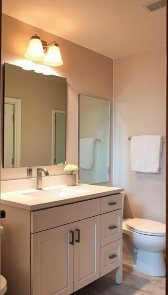 A cozy bathroom with a freshly updated vanity takes center stage. In the foreground, a sleek, modern vanity with a clean, white countertop and minimalist hardware stands proudly. Overhead, soft, warm lighting casts a gentle glow, accentuating the vanity's clean lines and creating a welcoming ambiance. In the middle ground, a large mirror reflects the space, adding depth and a sense of openness. The background features neutral-toned tiles, creating a cohesive and soothing atmosphere. The overall mood is one of simplicity, relaxation, and a touch of DIY charm, perfectly capturing the essence of a bathroom vanity makeover.