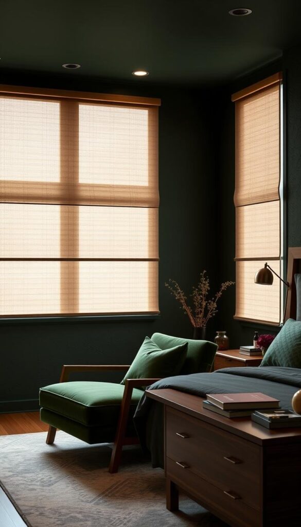 A cozy bedroom awash in rich, dark green hues. Soft, cascading shades frame the windows, casting a warm, soothing glow throughout the space. Textured walls in a deep, earthy tone serve as a striking backdrop, complemented by sleek, minimalist furniture in complementary wood tones. A plush, oversized armchair invites relaxation, while subtle metallic accents and carefully curated decor pieces add depth and sophistication. Gentle, directional lighting from recessed fixtures and a single, elegant pendant create a sense of tranquility and balance, elevating the overall ambiance of the room.