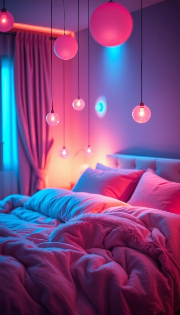 A cozy bedroom bathed in a soft, ethereal glow of pink and blue hues. Warm, ambient lighting emanates from hidden sources, casting a dreamlike atmosphere. Delicate pink orbs hover in the air, their diffused luminescence blending with cool blue accent lights recessed in the walls. Texture and depth are created by layered lighting, with subtle shadows and highlights that enhance the luxurious bedding and plush furnishings. The overall effect is one of tranquility and relaxation, inviting the viewer to sink into the serene, soothing space.