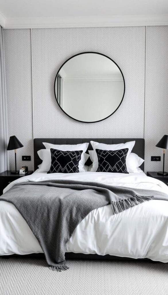 A cozy black and white bedroom with a minimalist, Scandinavian-inspired design. Soft, diffused lighting illuminates a plush, monochrome bedding set with crisp white linens and a gray accent blanket. Textured wall paneling in a herringbone pattern forms the backdrop, contrasted by sleek, black nightstands with metallic accents. A large, round mirror above the bed reflects the scene, adding depth and dimension. Subtle, geometric patterns on the curtains and throw pillows complement the understated elegance. The overall atmosphere is serene, sophisticated, and effortlessly chic. A cozy black and white bedroom with a minimalist, Scandinavian-inspired design. Soft, diffused lighting illuminates a plush, monochrome bedding set with crisp white linens and a gray accent blanket. Textured wall paneling in a herringbone pattern forms the backdrop, contrasted by sleek, black nightstands with metallic accents. A large, round mirror above the bed reflects the scene, adding depth and dimension. Subtle, geometric patterns on the curtains and throw pillows complement the understated elegance. The overall atmosphere is serene, sophisticated, and effortlessly chic.