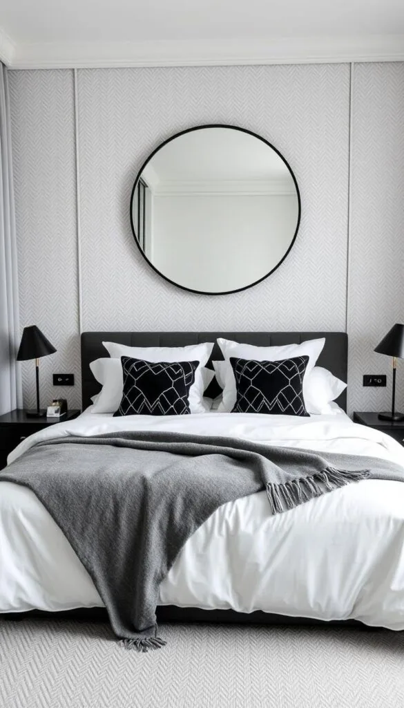 A cozy black and white bedroom with a minimalist, Scandinavian-inspired design. Soft, diffused lighting illuminates a plush, monochrome bedding set with crisp white linens and a gray accent blanket. Textured wall paneling in a herringbone pattern forms the backdrop, contrasted by sleek, black nightstands with metallic accents. A large, round mirror above the bed reflects the scene, adding depth and dimension. Subtle, geometric patterns on the curtains and throw pillows complement the understated elegance. The overall atmosphere is serene, sophisticated, and effortlessly chic.