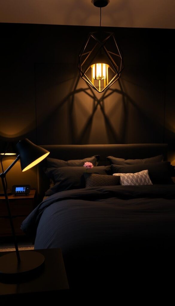 A cozy black bedroom with warm, ambient lighting creating a welcoming atmosphere. In the foreground, a pair of sleek black bedside lamps with adjustable brightness, casting a soft, golden glow. On the nightstands, a modern black digital clock and a minimalist vase with a single flower. The middle ground features a luxurious king-size bed with plush black linens and an assortment of throw pillows in various textures. The background showcases a feature wall painted in a deep, inky black, complemented by a sophisticated black and gold geometric light fixture that casts a striking silhouette on the wall. Overall, the scene exudes a sense of elegance, relaxation, and the perfect balance of light and shadow. A cozy black bedroom with warm, ambient lighting creating a welcoming atmosphere. In the foreground, a pair of sleek black bedside lamps with adjustable brightness, casting a soft, golden glow. On the nightstands, a modern black digital clock and a minimalist vase with a single flower. The middle ground features a luxurious king-size bed with plush black linens and an assortment of throw pillows in various textures. The background showcases a feature wall painted in a deep, inky black, complemented by a sophisticated black and gold geometric light fixture that casts a striking silhouette on the wall. Overall, the scene exudes a sense of elegance, relaxation, and the perfect balance of light and shadow.
