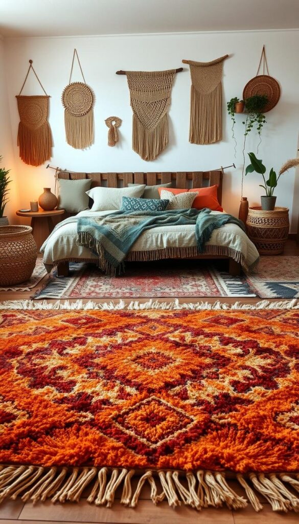 A cozy bohemian bedroom with a central focus on richly textured area rugs. In the foreground, a plush, layered rug in earthy tones of rust, ochre, and terracotta anchors the space, its intricate patterns and fringed edges adding visual interest. Surrounding it, an eclectic mix of smaller rugs in complementary hues and designs create a warm, inviting atmosphere. In the middle ground, a wooden bed frame is adorned with soft, draped fabrics in shades of sage and indigo, while the background features whitewashed walls accented by natural woven wall hangings and potted plants, casting a soft, diffused glow throughout the room. Lighting is warm and ambient, creating a serene, cocooning vibe.
