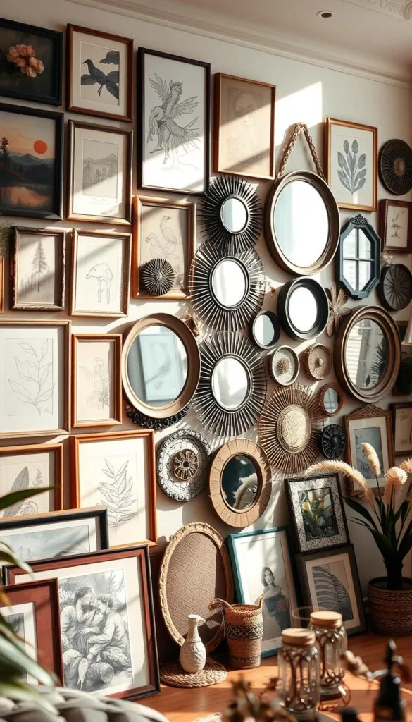 A cozy boho gallery wall, bathed in soft, natural lighting and filled with an eclectic mix of textured artworks, vintage mirrors, and handcrafted decor pieces. The foreground features an assortment of framed paintings, sketches, and photographs in various sizes and frames, arranged in a harmonious, asymmetrical layout. The middle ground showcases a collection of circular and ornate mirrors that reflect the warm, inviting ambiance. In the background, subtle botanical accents, such as dried flowers or potted plants, add to the organic, earthy vibe. The overall mood is one of warmth, creativity, and a touch of whimsy, perfectly capturing the essence of a bohemian-inspired living space.