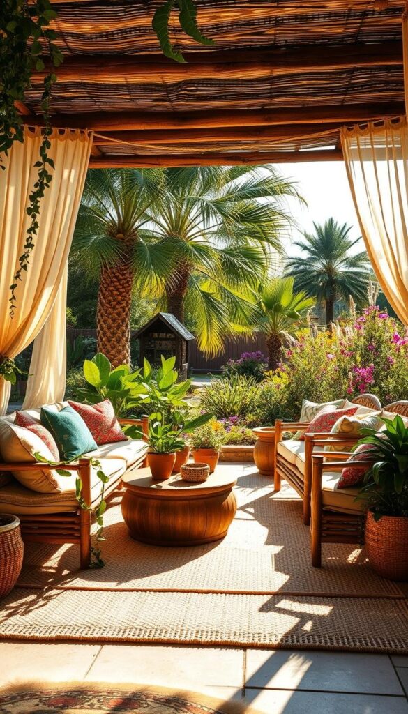 A cozy boho-inspired outdoor living space bathed in warm afternoon sunlight. In the foreground, a plush woven area rug anchors an eclectic mix of distressed wood and rattan furniture, adorned with colorful textiles and macrame accents. Lush potted plants and trailing vines add a touch of bohemian charm. The middle ground features a rustic wooden pergola draped with sheer curtains, casting dappled shadows across the scene. In the background, a verdant garden with towering palm trees and vibrant wildflowers create a serene, natural backdrop. The overall atmosphere evokes a sense of carefree, effortless relaxation. A cozy boho-inspired outdoor living space bathed in warm afternoon sunlight. In the foreground, a plush woven area rug anchors an eclectic mix of distressed wood and rattan furniture, adorned with colorful textiles and macrame accents. Lush potted plants and trailing vines add a touch of bohemian charm. The middle ground features a rustic wooden pergola draped with sheer curtains, casting dappled shadows across the scene. In the background, a verdant garden with towering palm trees and vibrant wildflowers create a serene, natural backdrop. The overall atmosphere evokes a sense of carefree, effortless relaxation.