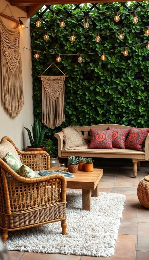 A cozy boho-inspired patio with a mix of natural textures and laid-back, earthy tones. In the foreground, a woven rattan armchair sits atop a plush shag rug, inviting guests to sink in and relax. A wooden coffee table displays an array of potted succulents and a tasseled macrame wall hanging adds a bohemian touch. The middle ground features a weathered wooden bench adorned with vibrant patterned cushions, while string lights draped overhead cast a warm, ambient glow. In the background, a lush green leafy wall or trellis creates a sense of privacy and natural tranquility, completing the carefree, outdoor oasis. A cozy boho-inspired patio with a mix of natural textures and laid-back, earthy tones. In the foreground, a woven rattan armchair sits atop a plush shag rug, inviting guests to sink in and relax. A wooden coffee table displays an array of potted succulents and a tasseled macrame wall hanging adds a bohemian touch. The middle ground features a weathered wooden bench adorned with vibrant patterned cushions, while string lights draped overhead cast a warm, ambient glow. In the background, a lush green leafy wall or trellis creates a sense of privacy and natural tranquility, completing the carefree, outdoor oasis.