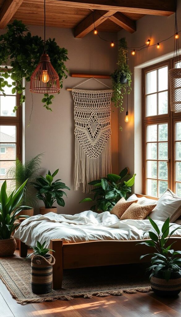 A cozy boho-style bedroom with a rustic wooden bed frame and plush linens. Lush potted plants of varying heights and textures are strategically placed around the room, creating a serene, nature-inspired atmosphere. Soft, warm lighting from a hanging pendant fixture and string lights casts a gentle glow, complementing the earthy color palette. Large windows allow natural light to flood the space, highlighting the intricate macrame wall hanging and woven accents. The overall design exudes a relaxed, inviting vibe perfect for a tranquil retreat.