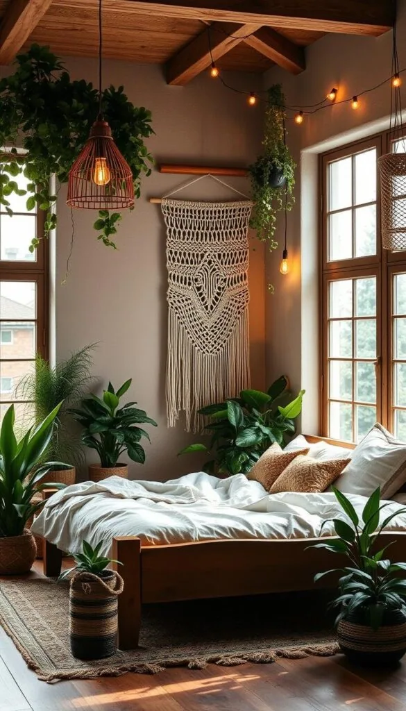 A cozy boho-style bedroom with a rustic wooden bed frame and plush linens. Lush potted plants of varying heights and textures are strategically placed around the room, creating a serene, nature-inspired atmosphere. Soft, warm lighting from a hanging pendant fixture and string lights casts a gentle glow, complementing the earthy color palette. Large windows allow natural light to flood the space, highlighting the intricate macrame wall hanging and woven accents. The overall design exudes a relaxed, inviting vibe perfect for a tranquil retreat.