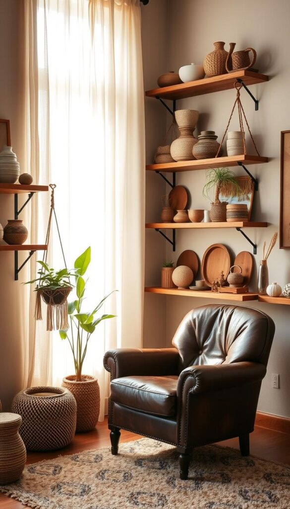 A cozy boho-style living room, sunlight filtering through sheer curtains. Wooden shelves line the walls, displaying an eclectic collection of artisanal ceramics, woven baskets, macrame plant hangers, and travel trinkets. Subtle textures and natural hues create a warm, inviting atmosphere. A vintage leather armchair and plush rug complete the space, evoking a sense of comfort and worldly sophistication. The shelves are styled with intentionality, each item a unique find that tells a story. The composition is balanced, with items of varying heights and shapes arranged harmoniously. This scene exudes a sense of curation and personal expression, embodying the essence of a boho-inspired living space.