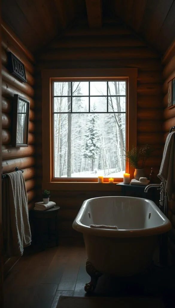 A cozy cabin bathroom with warm, ambient lighting. Wooden paneled walls and a claw-foot bathtub in the foreground, accented by plush towels, candles, and a small side table with a potted plant. The middle ground features a large window overlooking a snowy forest landscape, allowing natural light to filter in. The bathroom has a rustic, soothing atmosphere, perfect for enjoying a relaxing winter morning routine. Soft, diffused lighting casts a cozy glow, creating an inviting and comfortable space.