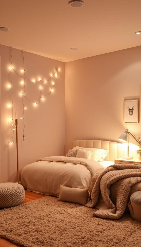 A cozy children's bedroom with warm, inviting lighting. A muted color palette of soft pastels and neutrals creates a calming ambiance. Delicate string lights draped across the headboard emit a gentle glow, while a floor lamp in the corner bathes the room in a comforting, diffused light. A table lamp on the nightstand provides task lighting for reading, complemented by recessed ceiling fixtures that evenly illuminate the space. Plush textiles, such as a shag rug and cozy throw blankets, add texture and depth. The overall mood is serene and inviting, perfect for a young child's safe and comfortable haven.