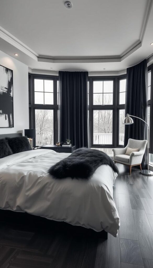 A cozy contemporary bedroom with a striking black and white color palette. In the foreground, a plush king-size bed with crisp white bedding and a fluffy black comforter. Mounted above the headboard, a large abstract black and white canvas artwork casts a moody ambiance. The middle ground features a sleek black nightstand with a minimalist table lamp, complemented by a modern armchair upholstered in textured white fabric. The background showcases floor-to-ceiling windows that flood the space with natural light, framed by elegant black curtains. Hardwood floors in a rich charcoal tone ground the scene, while subtle metallic accents, such as a gleaming silver floor lamp, add a touch of sophistication. The overall atmosphere is one of understated elegance and timeless style.