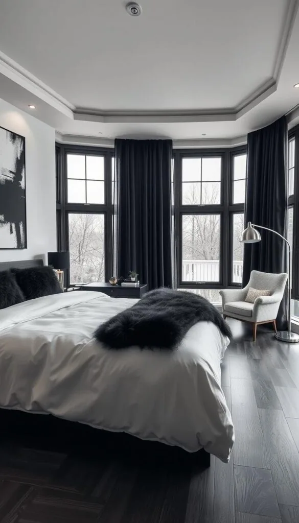 A cozy contemporary bedroom with a striking black and white color palette. In the foreground, a plush king-size bed with crisp white bedding and a fluffy black comforter. Mounted above the headboard, a large abstract black and white canvas artwork casts a moody ambiance. The middle ground features a sleek black nightstand with a minimalist table lamp, complemented by a modern armchair upholstered in textured white fabric. The background showcases floor-to-ceiling windows that flood the space with natural light, framed by elegant black curtains. Hardwood floors in a rich charcoal tone ground the scene, while subtle metallic accents, such as a gleaming silver floor lamp, add a touch of sophistication. The overall atmosphere is one of understated elegance and timeless style.