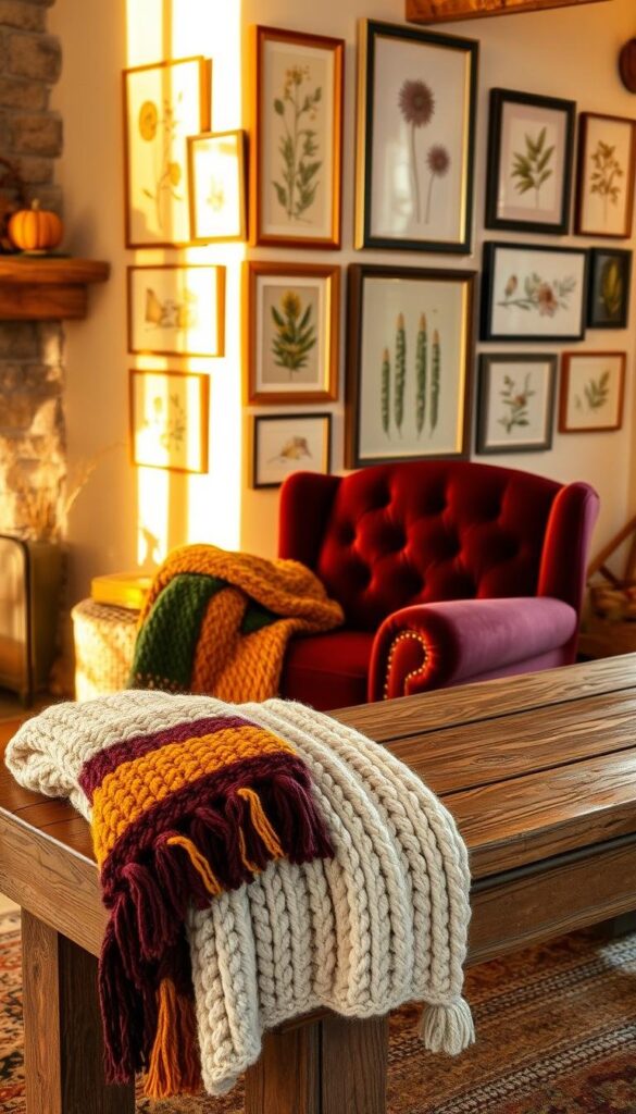 A cozy corner of a rustic living room, bathed in warm, golden light from a nearby fireplace. In the foreground, a plush, knitted throw in a rich autumn palette of burgundy, mustard, and forest green casually drapes over a tufted velvet armchair. In the middle ground, a fluffy knitted blanket in a cable knit pattern is folded neatly at the end of a weathered wooden bench, inviting visitors to curl up and relax. Behind, a gallery wall displays an assortment of framed botanical prints and nature-inspired artwork, creating a serene, nature-inspired ambiance. The overall scene evokes a sense of comfort, coziness, and the enchanting spirit of the fall season. A cozy corner of a rustic living room, bathed in warm, golden light from a nearby fireplace. In the foreground, a plush, knitted throw in a rich autumn palette of burgundy, mustard, and forest green casually drapes over a tufted velvet armchair. In the middle ground, a fluffy knitted blanket in a cable knit pattern is folded neatly at the end of a weathered wooden bench, inviting visitors to curl up and relax. Behind, a gallery wall displays an assortment of framed botanical prints and nature-inspired artwork, creating a serene, nature-inspired ambiance. The overall scene evokes a sense of comfort, coziness, and the enchanting spirit of the fall season.